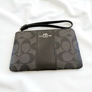 Coach signature C coated canvas wristlet w black leather stripe silver logo